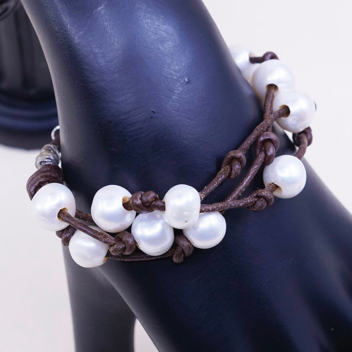 6” vintage brown leather chain with sterling 925 silver clasp and pearl