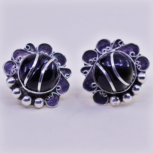 Vintage sterling 925 silver handmade screw back earrings with obsidian inlay