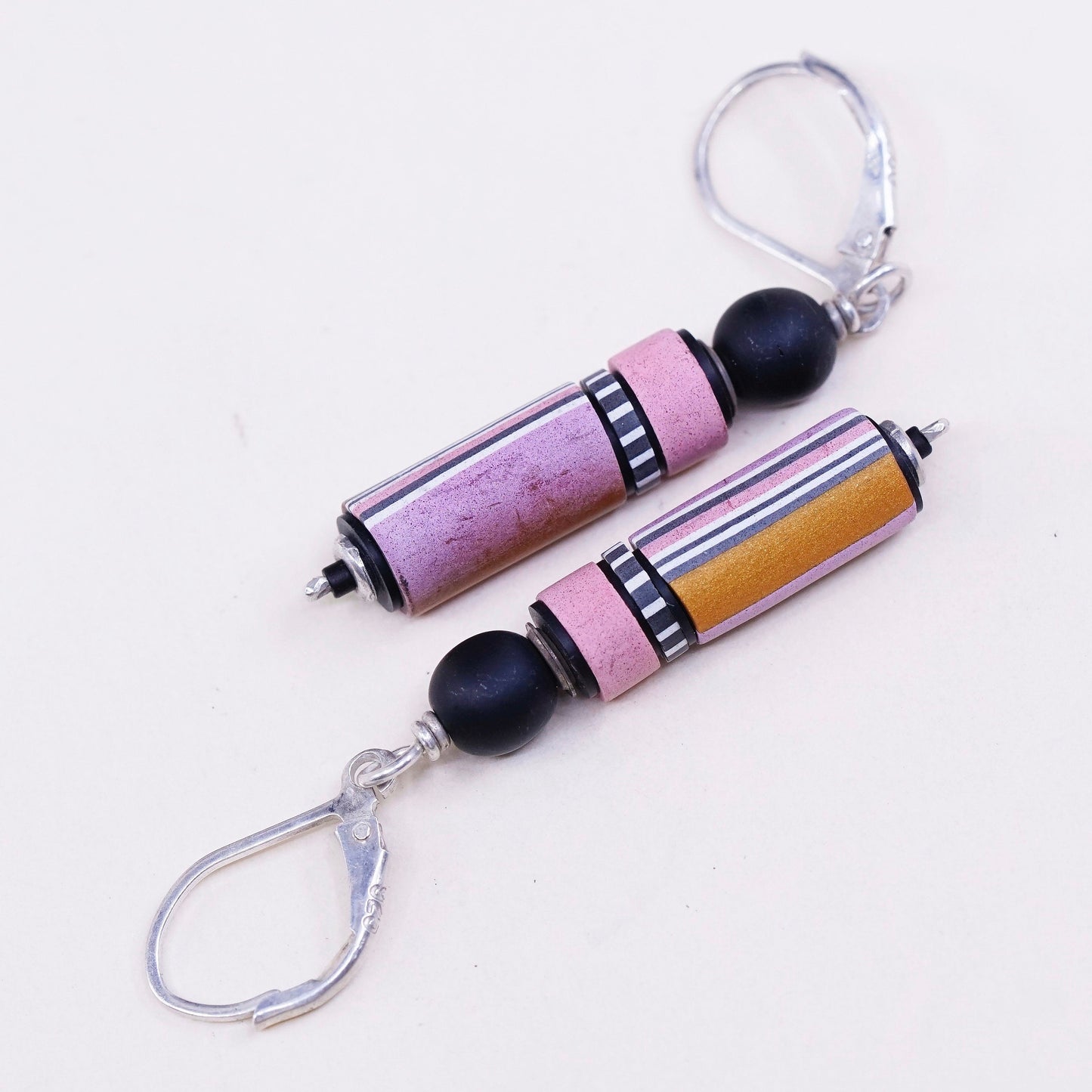 Vintage Sterling silver handmade earrings, 925 hooks with pink tube