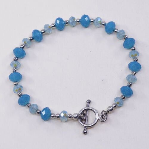 7.5”, Mexico Sterling 925 Silver Handmade Bead Bracelet, Blue Crystal beads