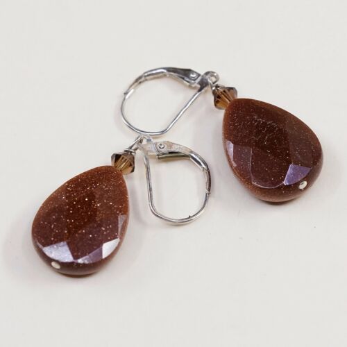 Vintage handmade Sterling 925 Silver Earrings With Goldstone Beads, Stamped 925