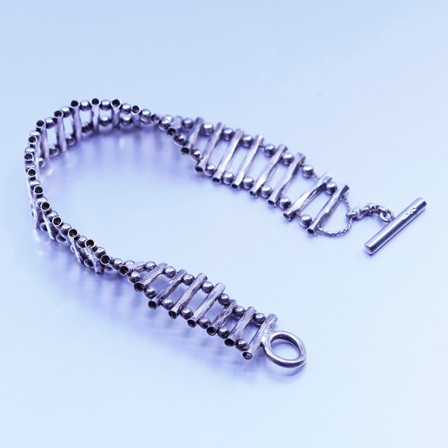 7.5”, Vintage Sterling 925 silver handmade bracelet, modern bar bead chain