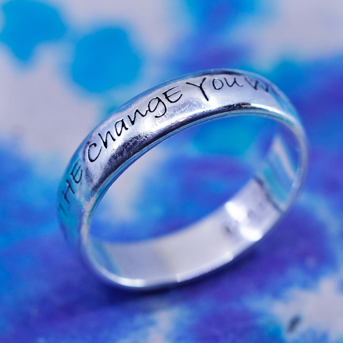 Size 7.25, Sterling silver ring, 925 stackable band "be change you want to see