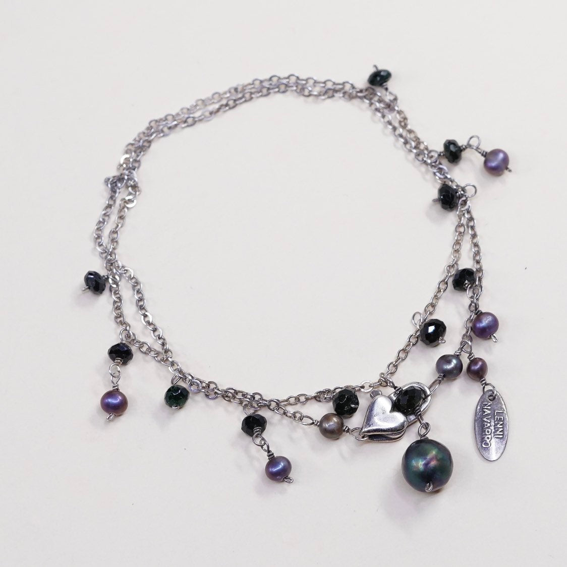 16", lenni navarro black pearl beads necklace, Sterling silver figaro chain