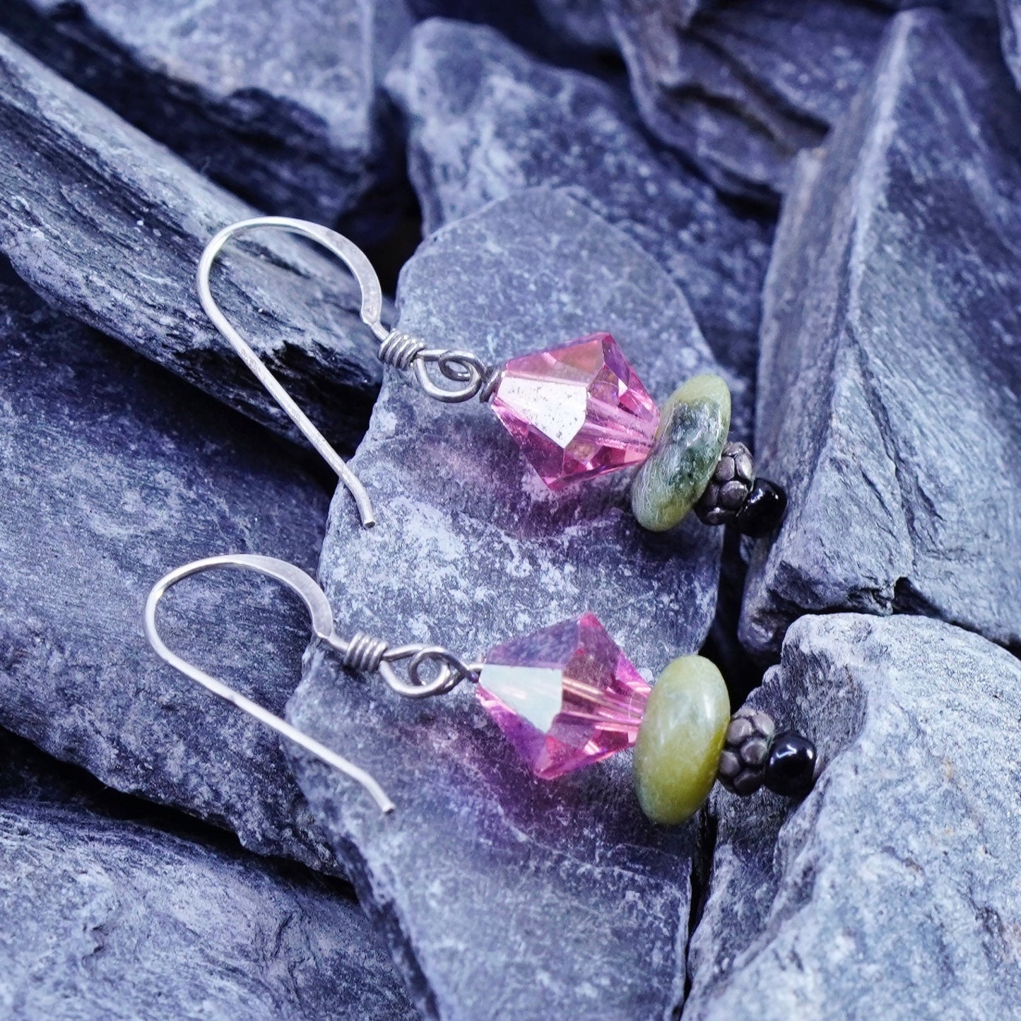 Vintage sterling 925 silver handmade earrings, with pink crystal green jasper