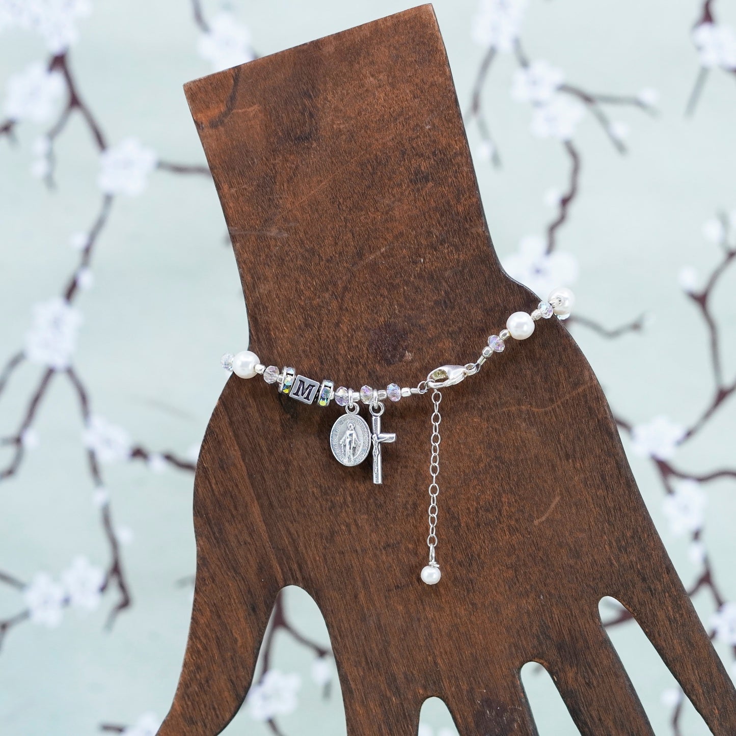 6.75”, handmade bracelet, freshwater pearl with 925 Virgin Mary Jesus charm