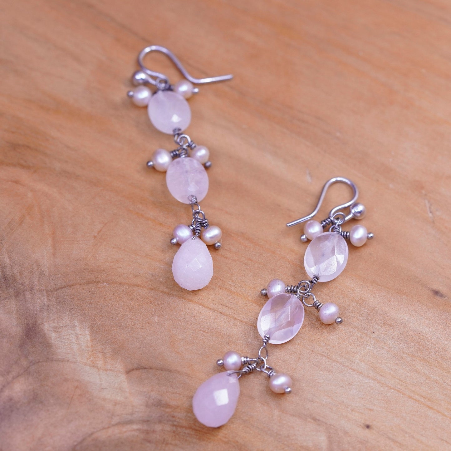 Vintage Mexico Sterling 925 silver handmade earrings w/ pink rose quartz pearl