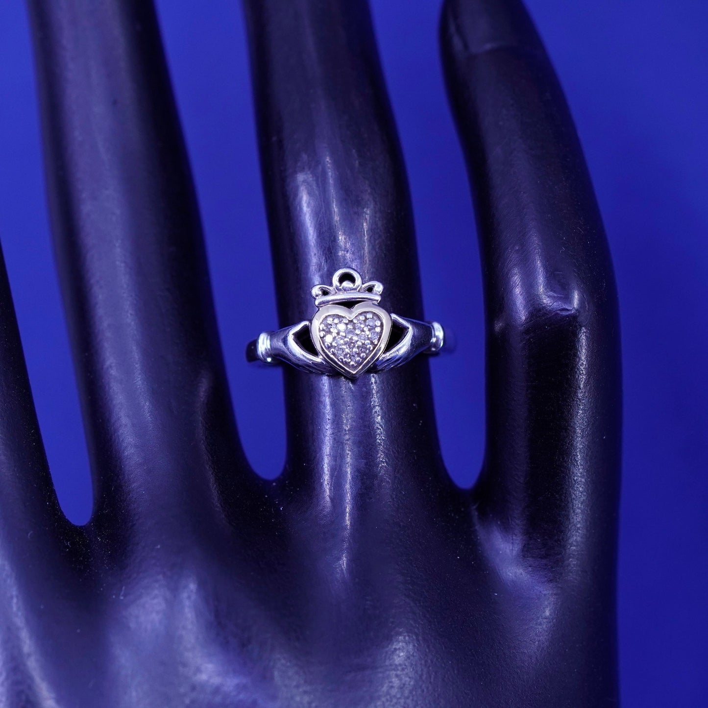 Size 5.5, sterling 925 silver claddagh ring with 14K gold heart and diamond