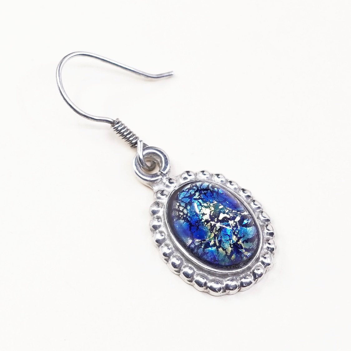 VTG mexico Sterling 925 silver handmade earrings, w/ blue foiled artisan drops
