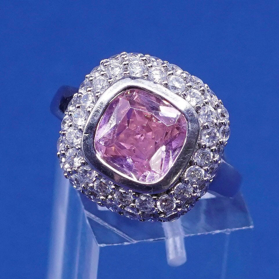 Size 8.25, vtg Sterling silver ring, 925 w/ pink N clear crystal stones