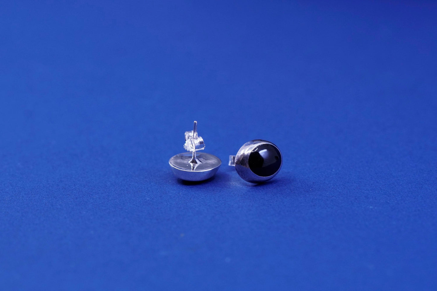 Vintage sterling silver handmade earrings, 925 oval studs with obsidian