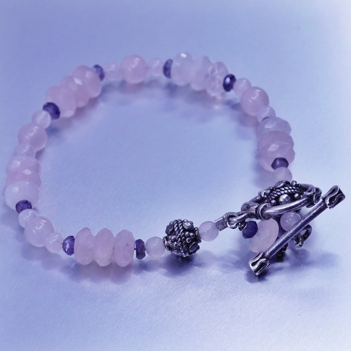 7”, vintage Sterling 925 silver handmade bracelet with pink crystal beads