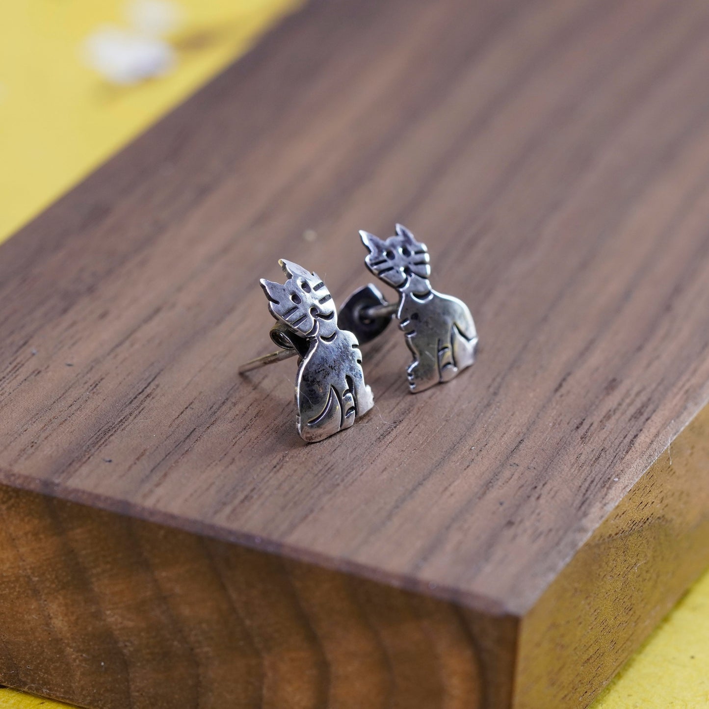 Vintage Sterling 925 silver handmade studs, cat kitty earrings