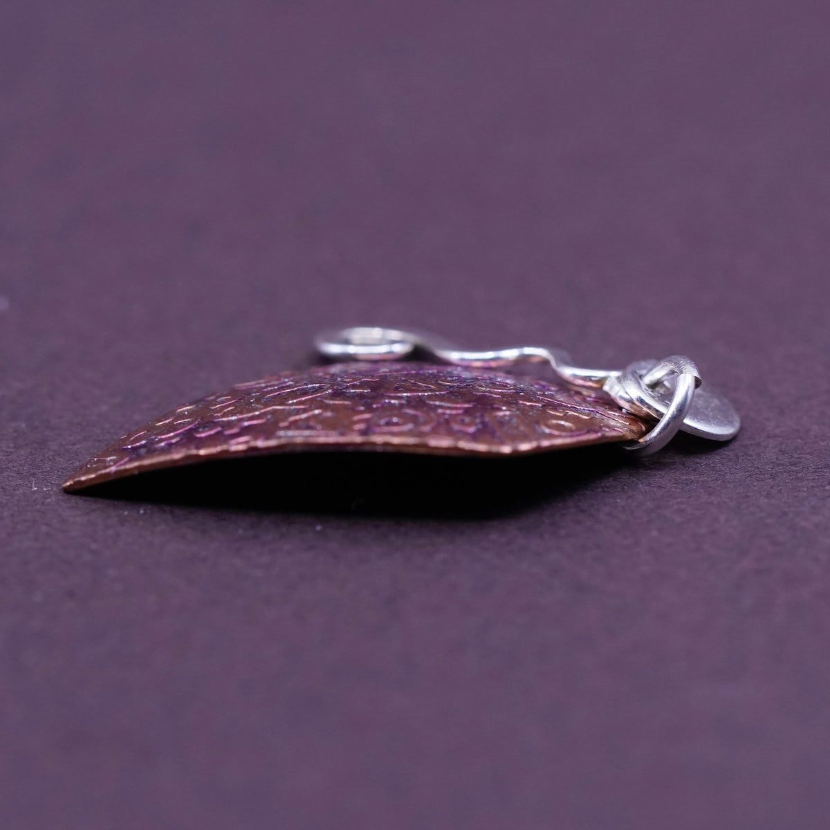 Vintage handmade textured copper tag with sterling 925 silver tornado