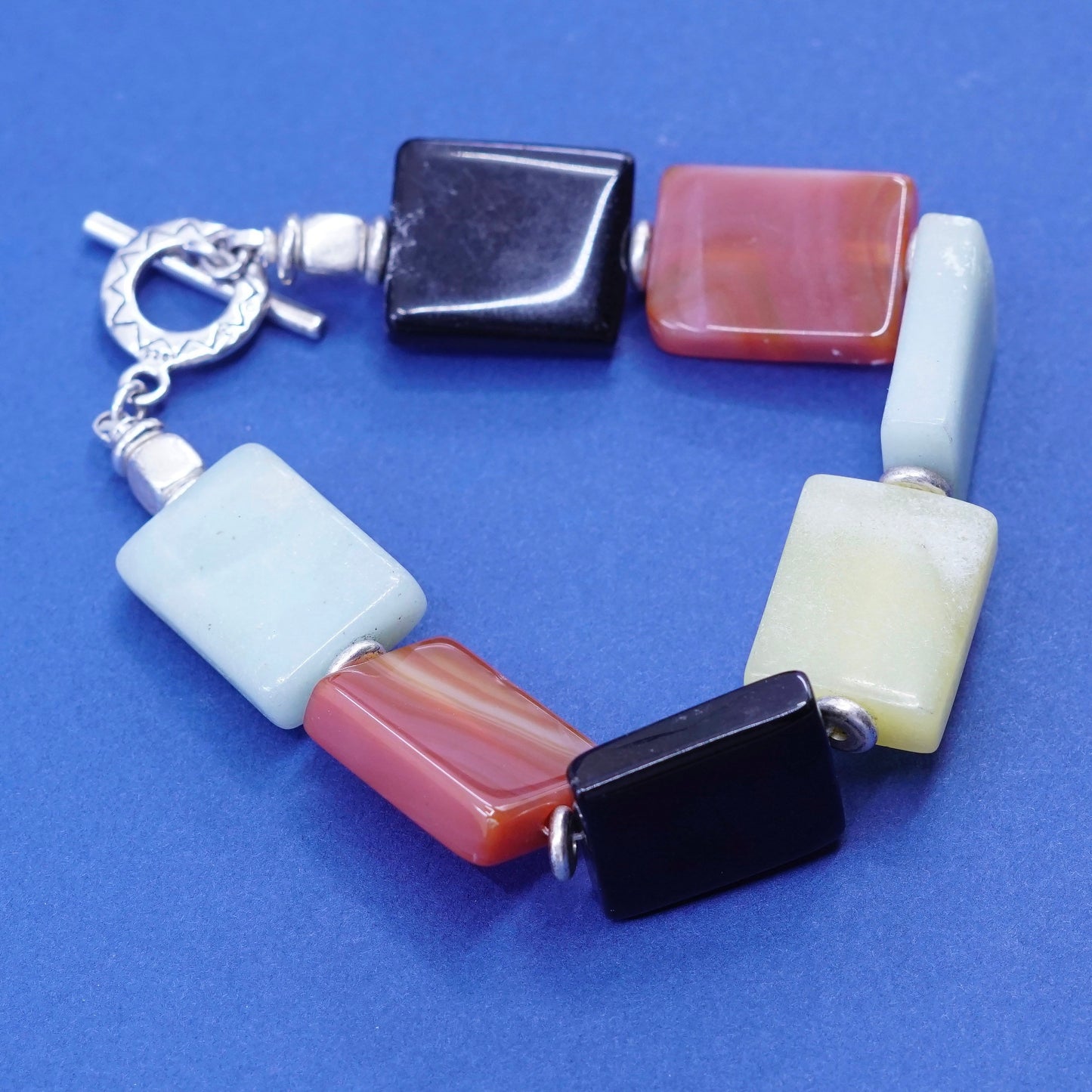 6.5”, Sterling silver handmade bracelet, 925 toggle w/ jade agate obsidian
