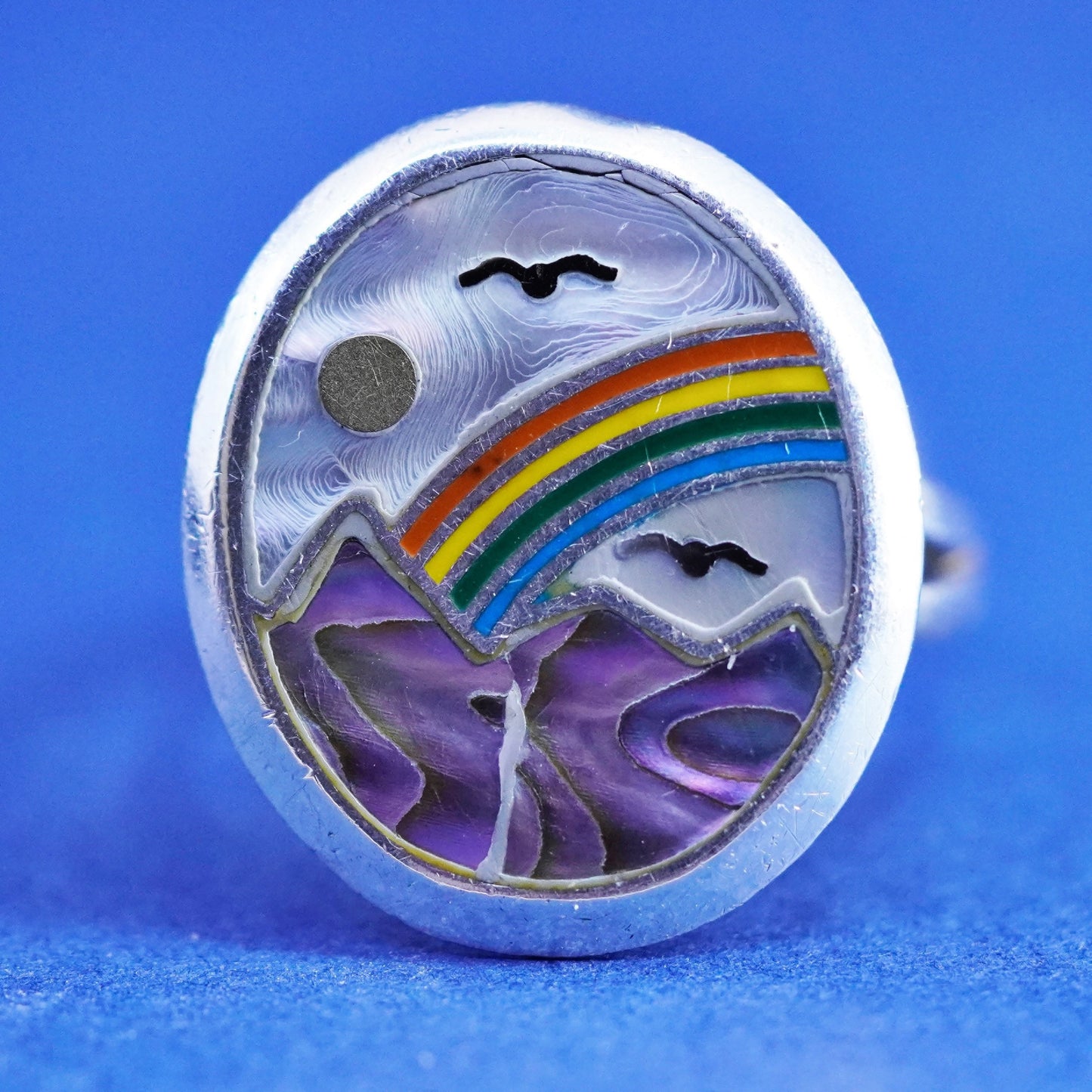Size 5.75, vtg sterling 925 silver handmade landscape ring with mother of pearl