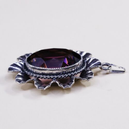 Vtg Danecraft Sterling silver pendant, Floral 925 w/ amethyst, stamped Sterling
