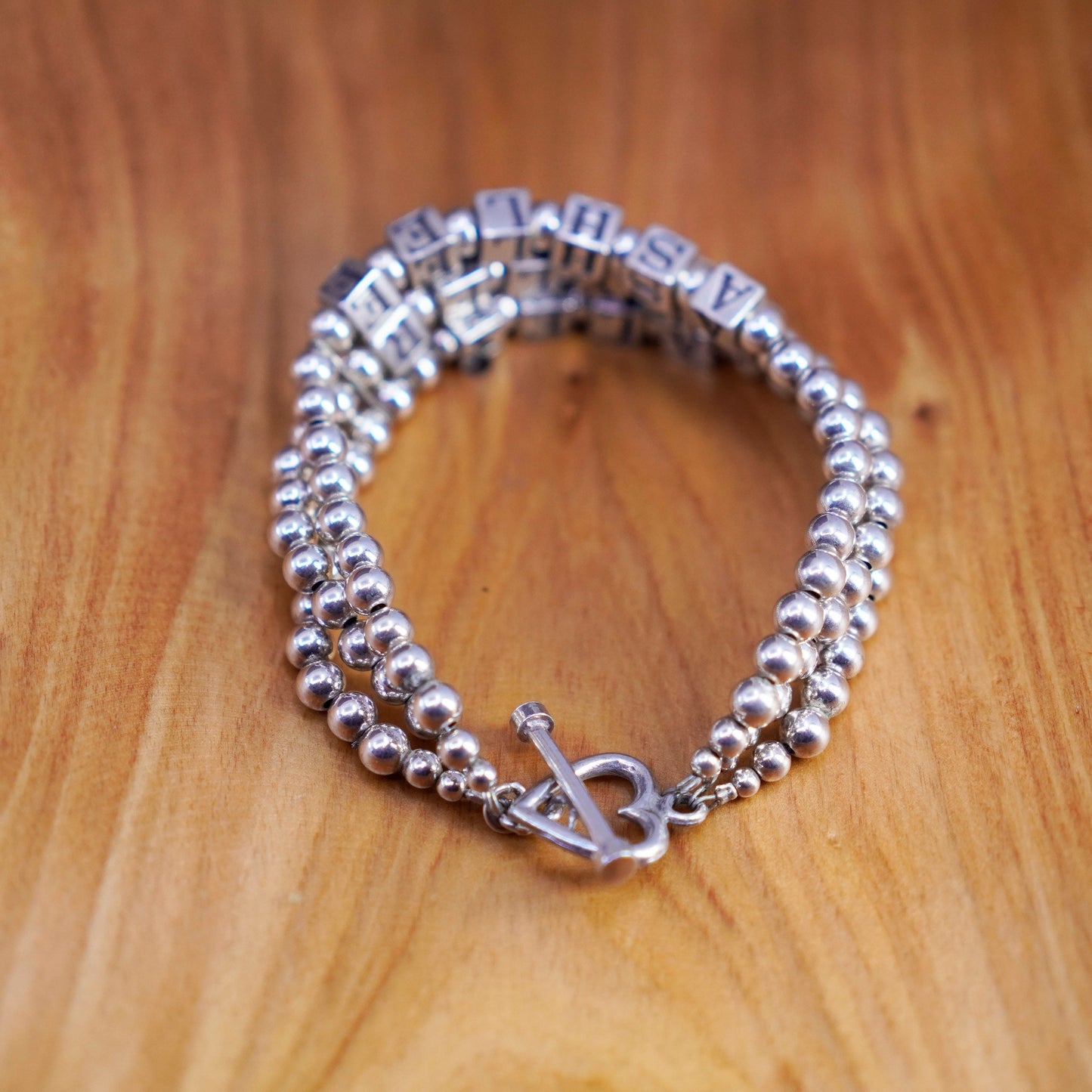 6.75”, Sterling 925 silver bracelet amethyst beads “Ashlee Skyler Alex” cubes