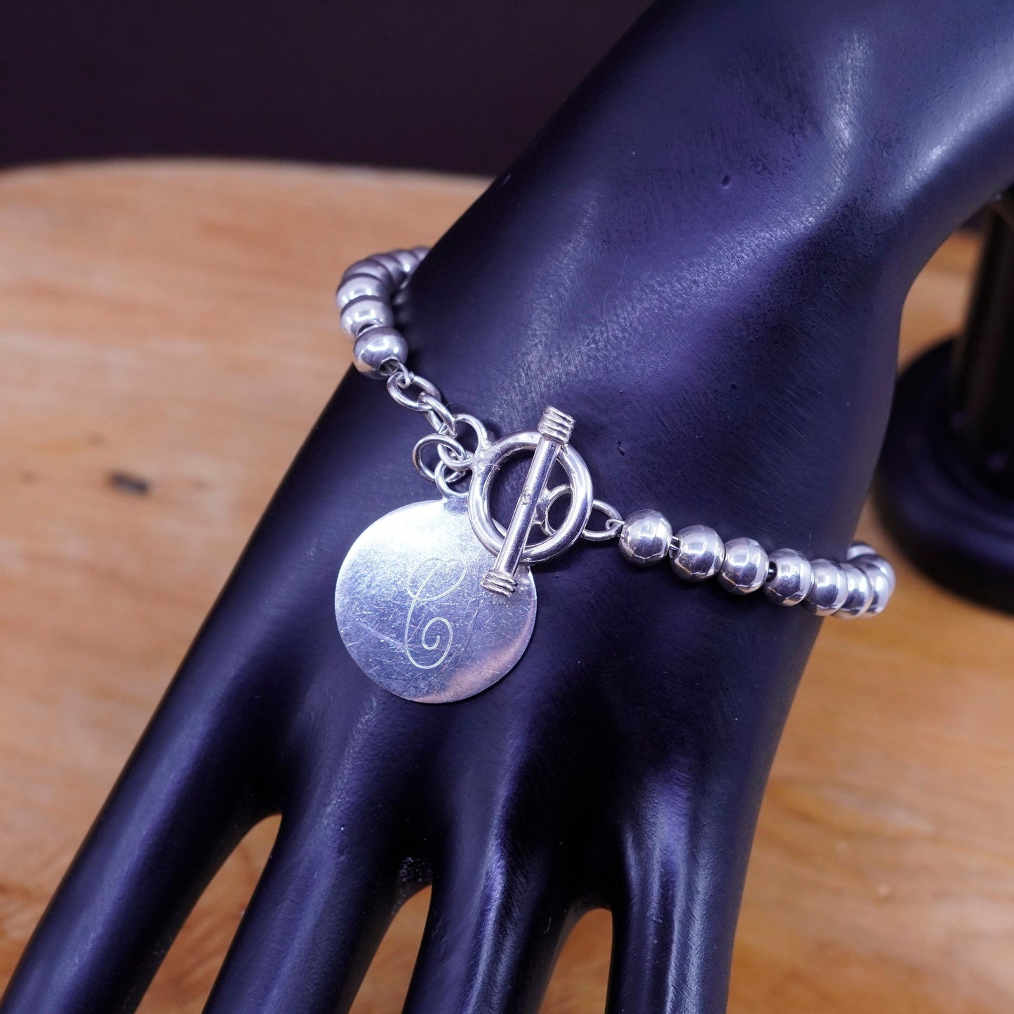 7”, Sterling 925 silver handmade beads bracelet round charm engraved initial “C