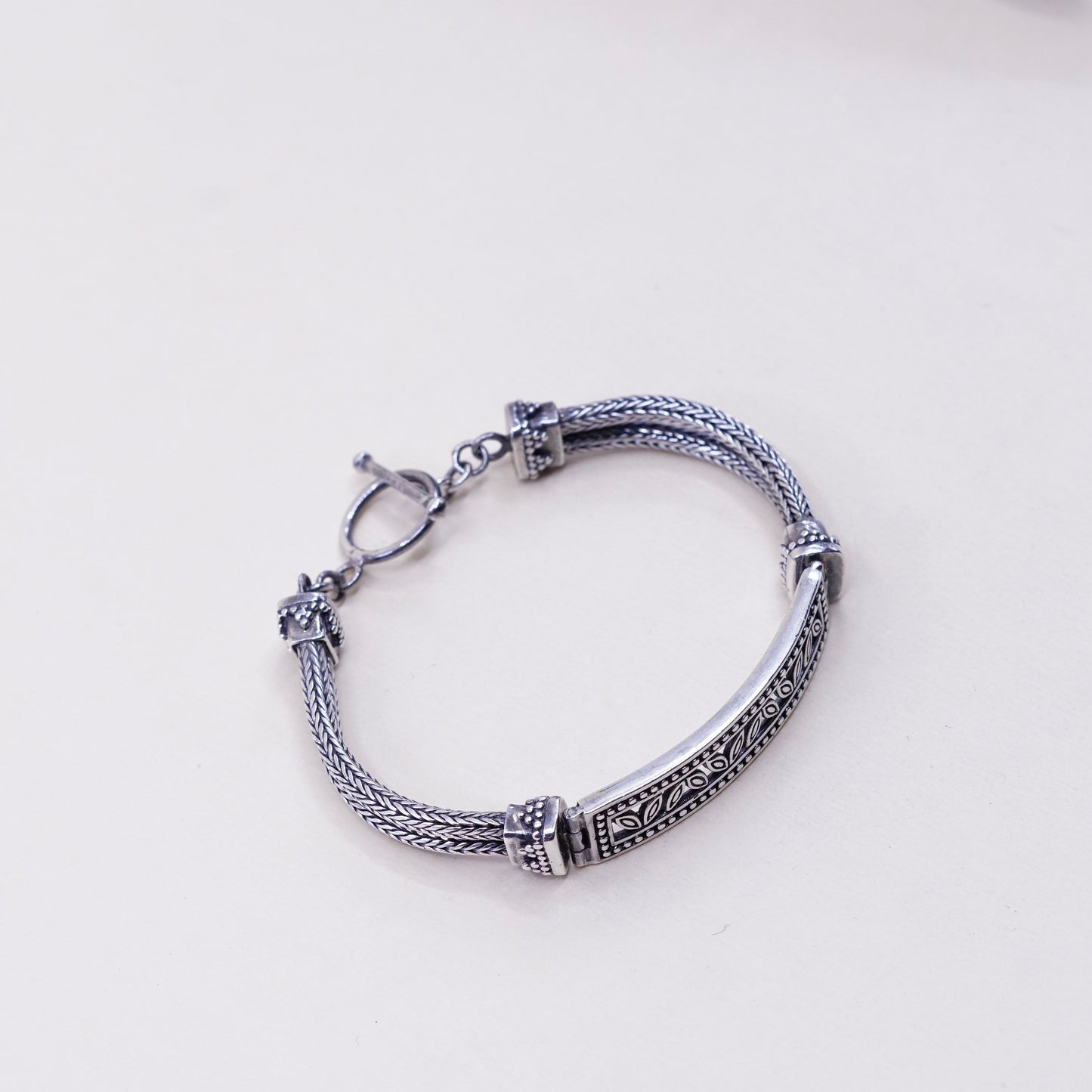 6.5”, vtg sterling silver handmade bracelet, 925 wheat chain with bar N leaves
