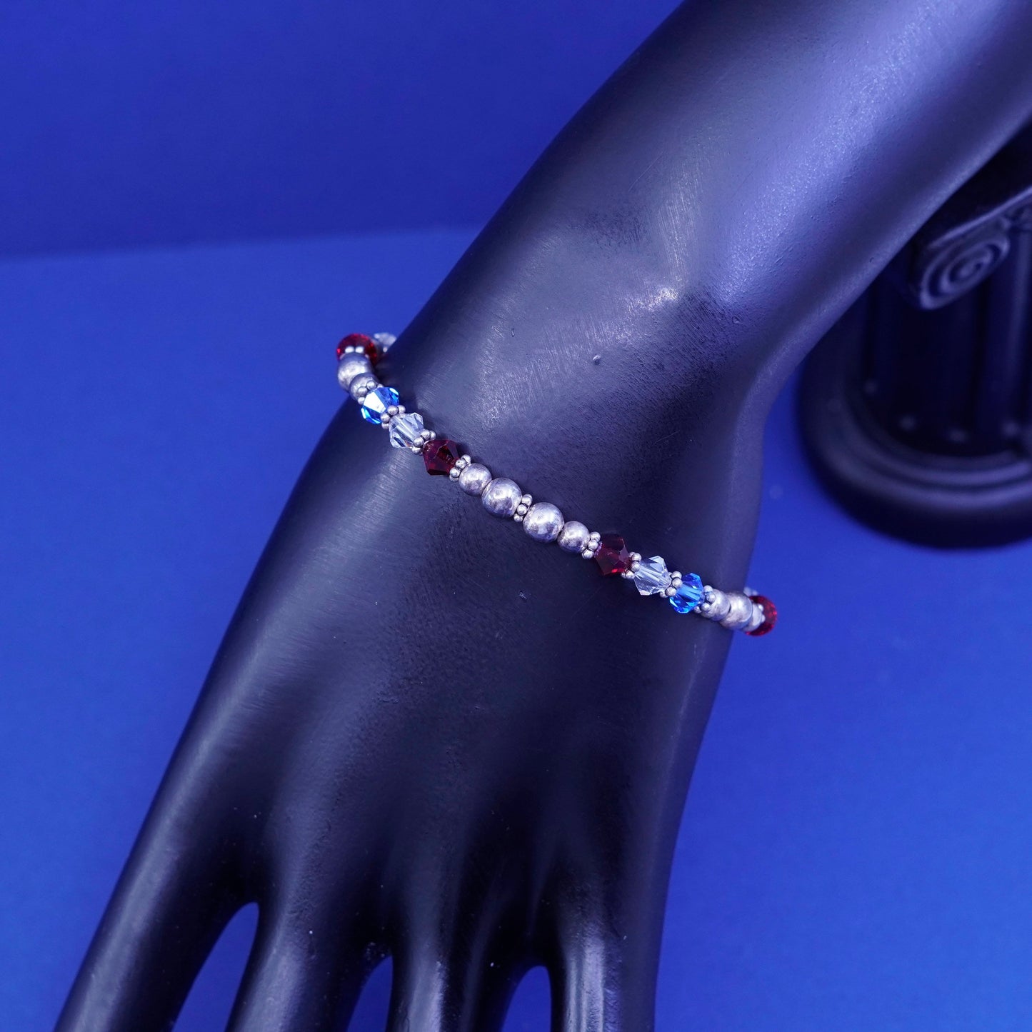 7”, sterling 925 silver handmade beads bracelet w/ crystal American flag charm