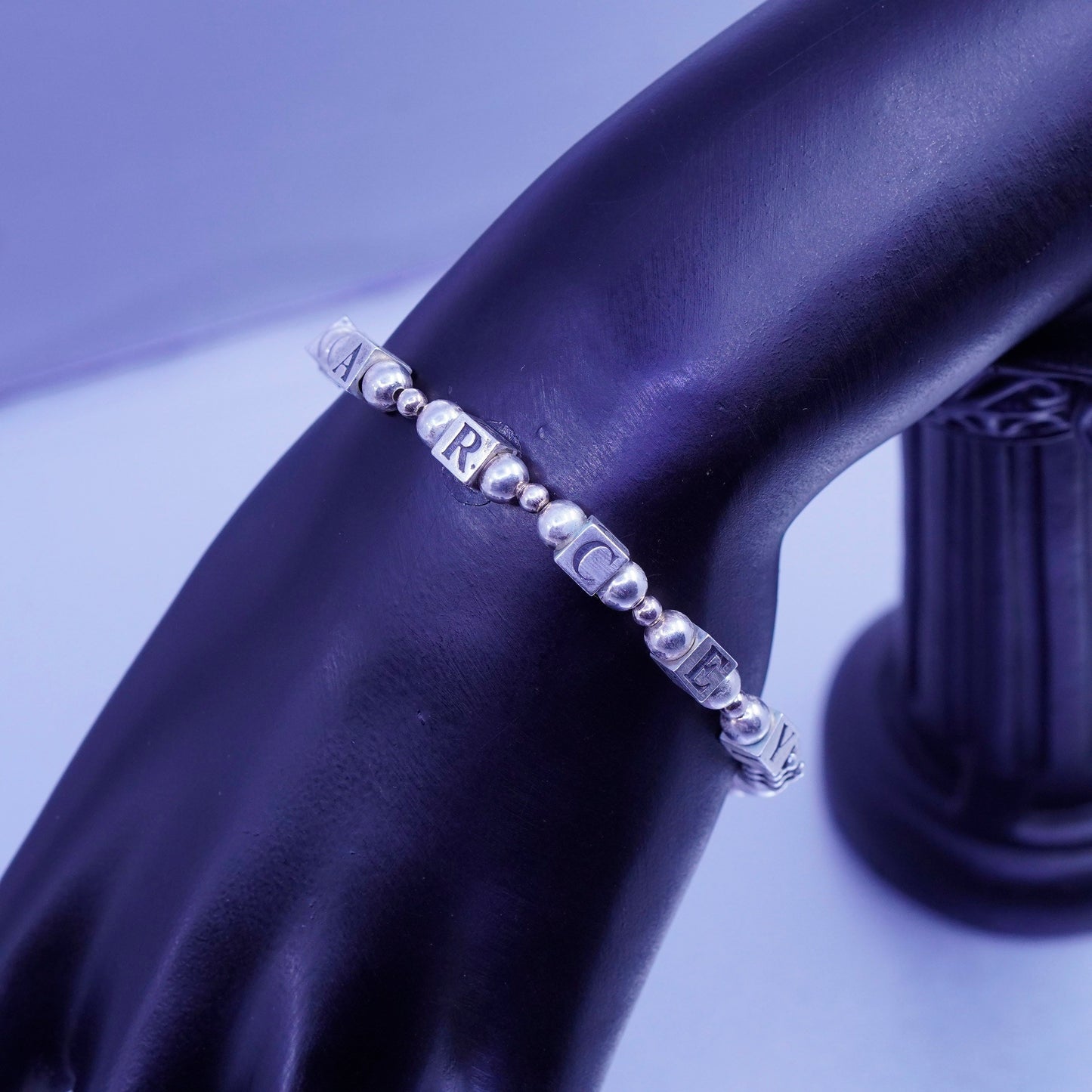 7”, vintage Sterling 925 silver bracelet with cube letter beads “Marcey”