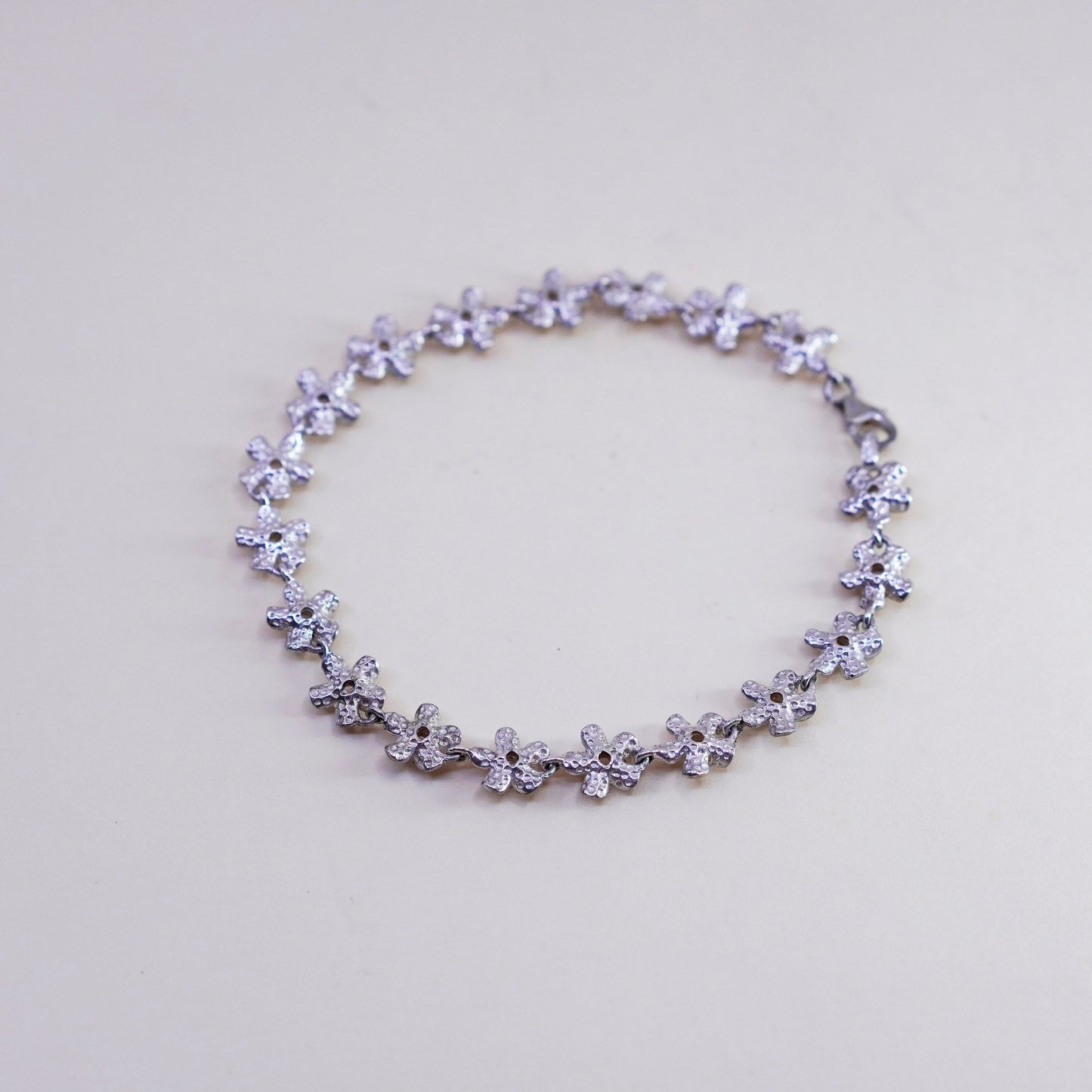 7.5”, sterling silver bracelet, 925 plumeria flowers with cz, handmade jewelry