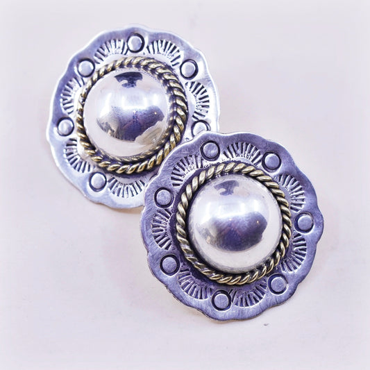 Vintage Mexico Sterling silver handmade earrings, 925 flower studs brass cable