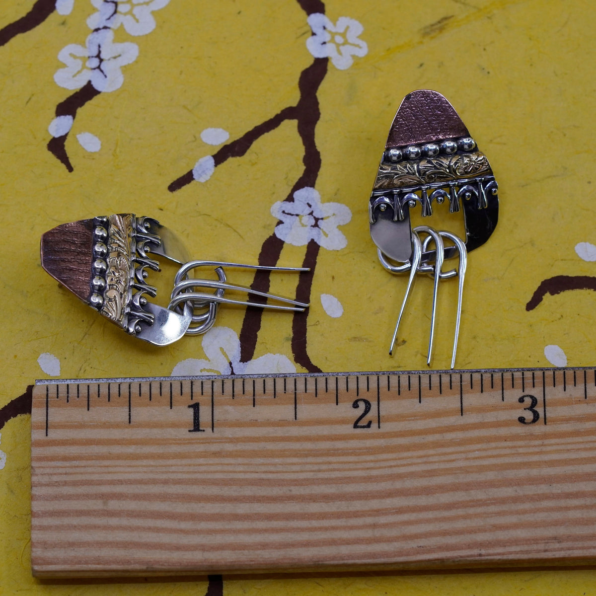 Triple tone Native American handmade sterling 925 silver earrings fringe dangle