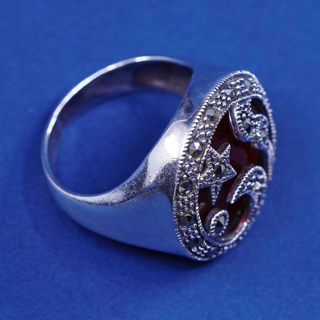 sz 7, vtg sterling silver handmade ring, 925 w/ carnelian N Marcasite moon star