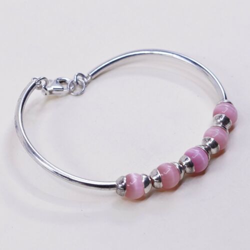 7”, Vtg Sterling Silver Handmade Bracelet, 925 W/ Pink Tiger’s Eye Bangle