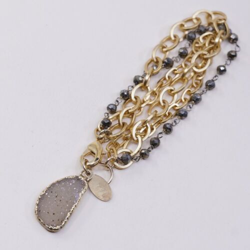 7” Gold Tone Multi Strands bracelet, Oval Chain W/ Hematite Beads N Druzy Charm