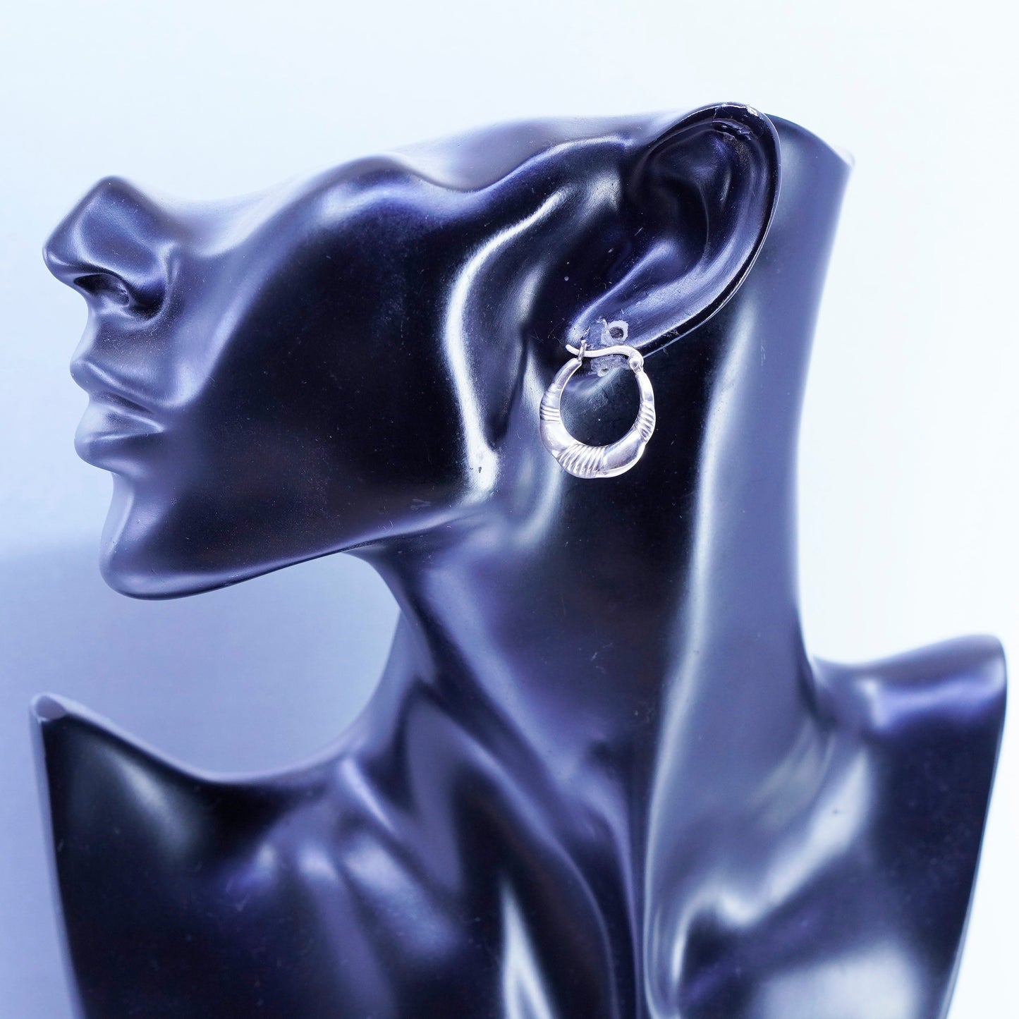 0.75”, vintage Sterling silver handmade earrings, ribbed 925 hoops