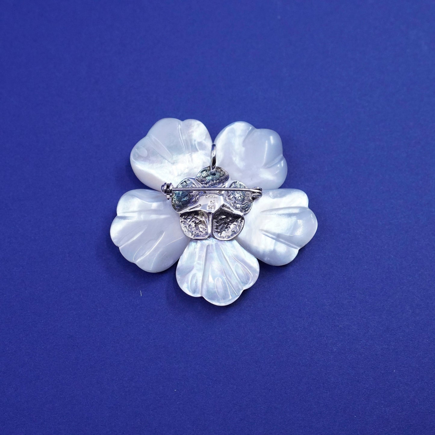 Vintage BJ sterling 925 silver handmade brooch pendant mother of pearl flower