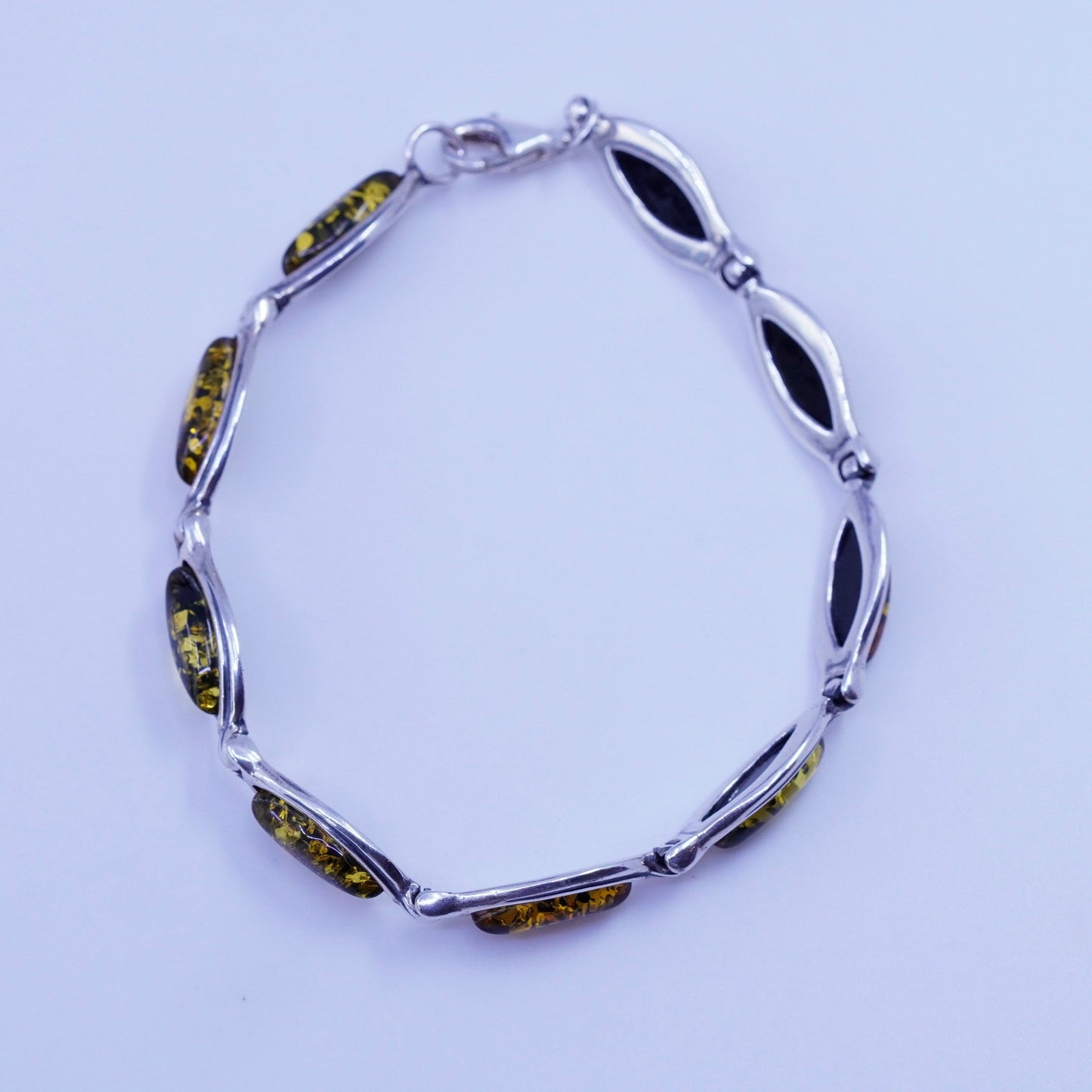 7.25”, Vintage Sterling 925 silver handmade tennis bracelet chain with amber