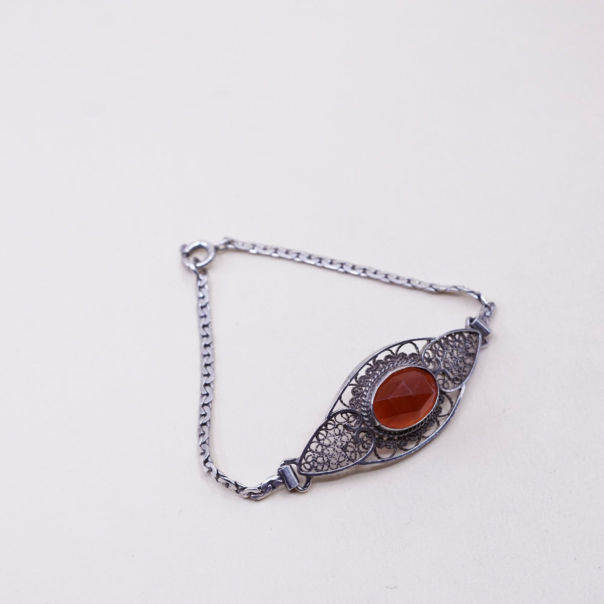 7”, Vintage Sterling silver handmade bracelet, 925 filigree with carnelian