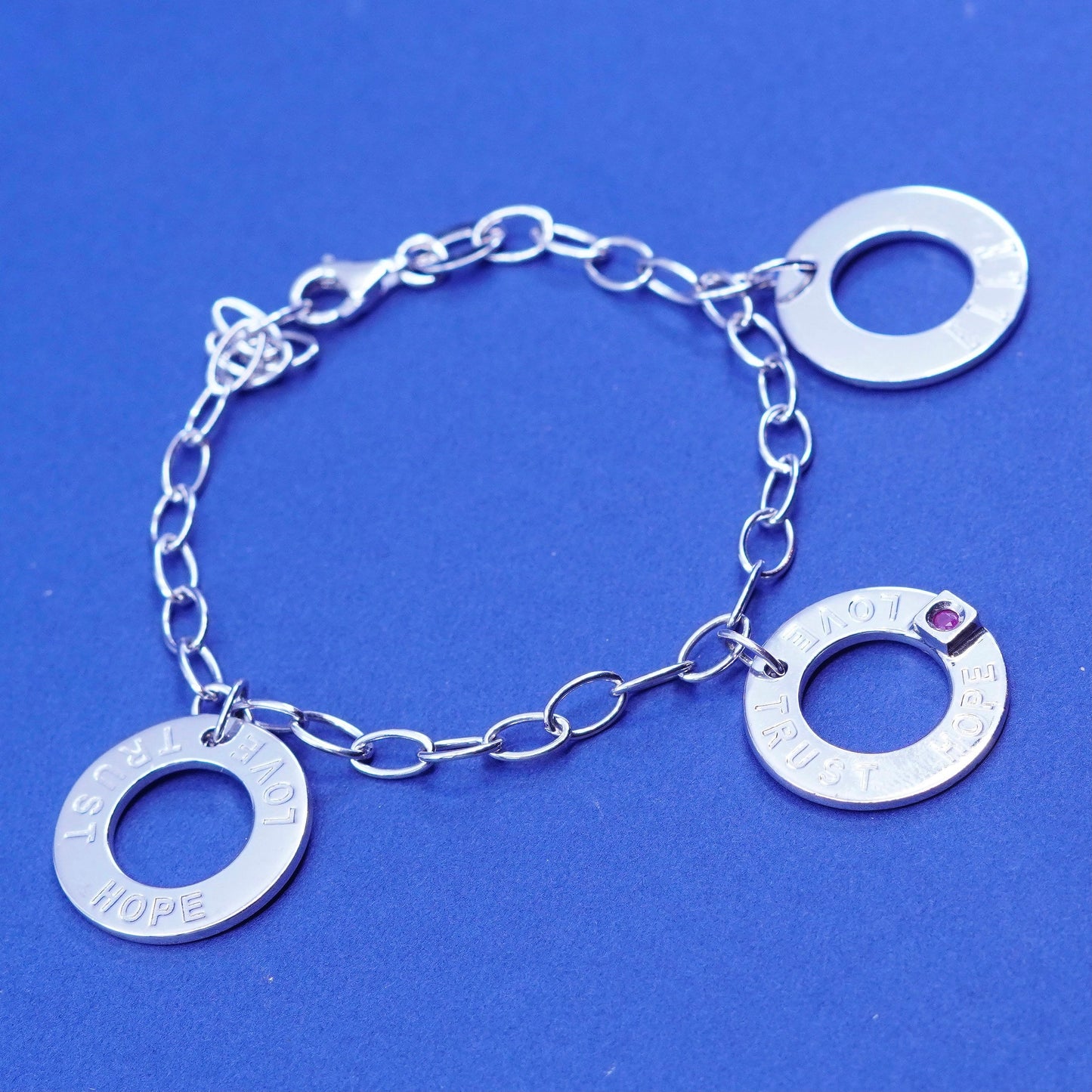 6.5”, Elle Sterling silver handmade bracelet, 925 chain circle tag charms ruby