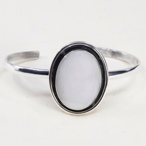 7”, Vtg Modern Handmade Sterling 925 Silver Cuff Bracelet W/ White Agate