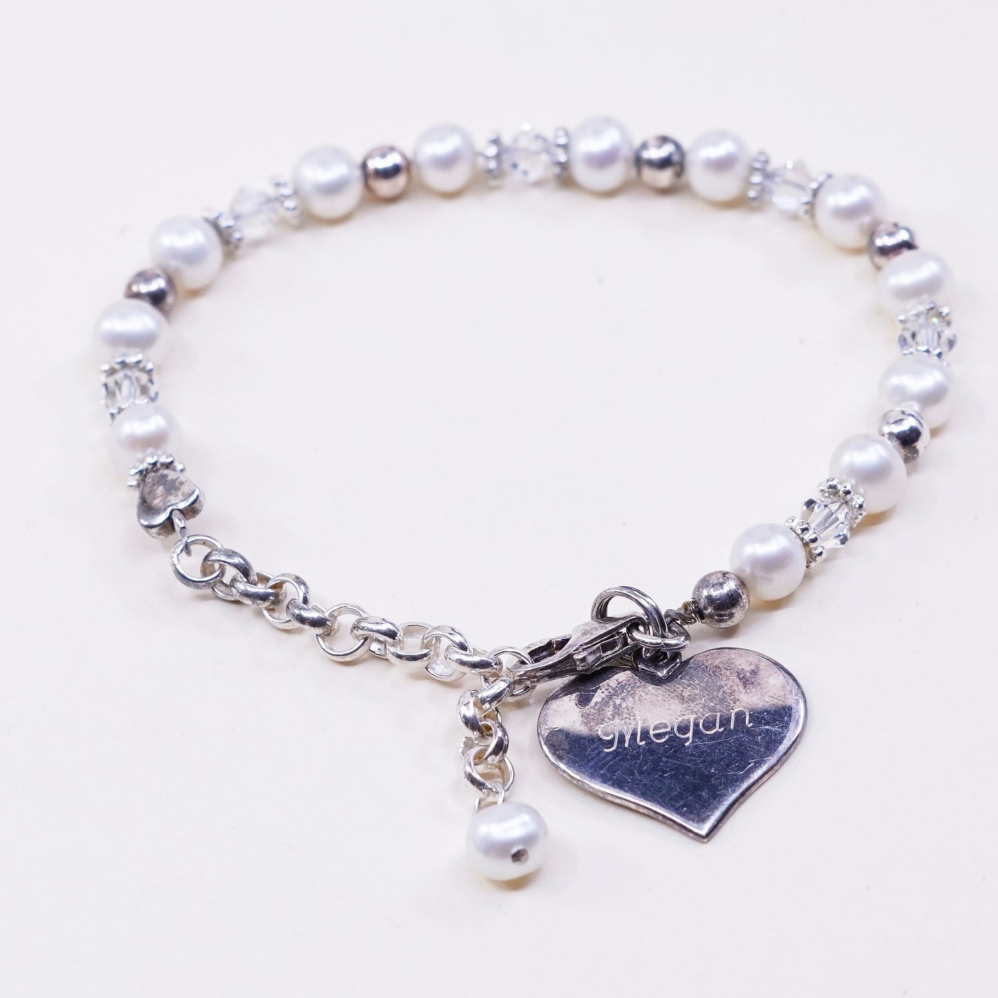 6”, vtg sterling 925 silver handmade bracelet, pearl beads w/ heart charm Megan