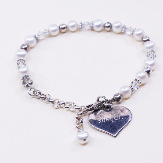 6”, vtg sterling 925 silver handmade bracelet, pearl beads w/ heart charm Megan