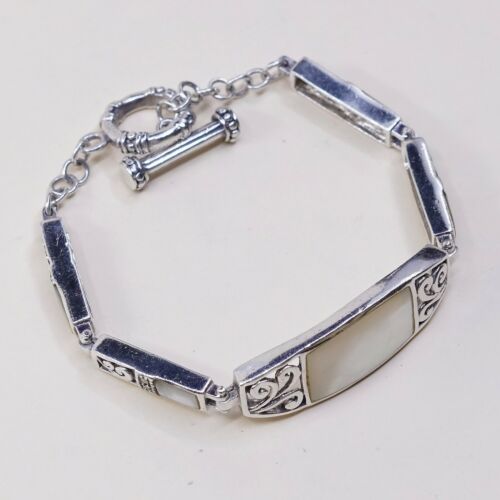6.75”, Vtg Handmade White Mother Of Pearl Disc Bracelet 925 Sterling silver Bali