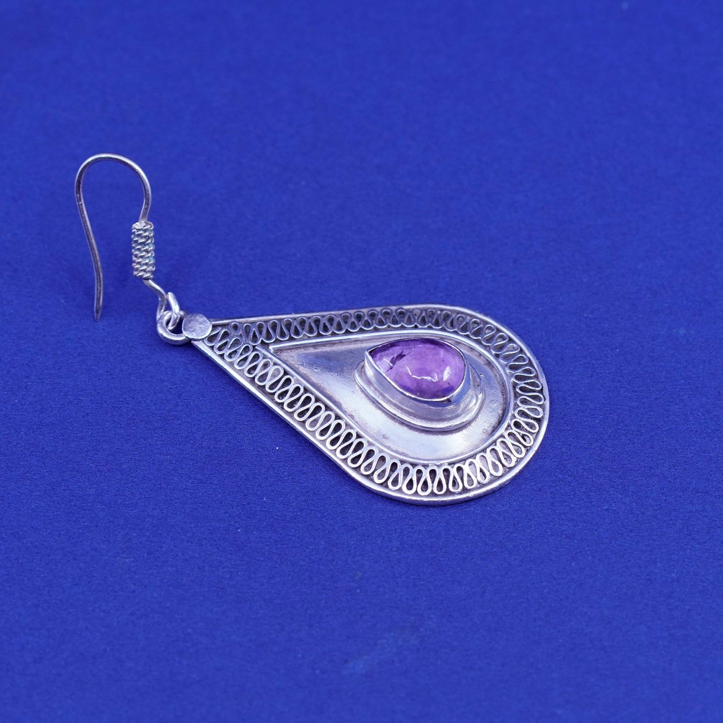 Vintage sterling 925 silver handmade earrings with teardrop amethyst