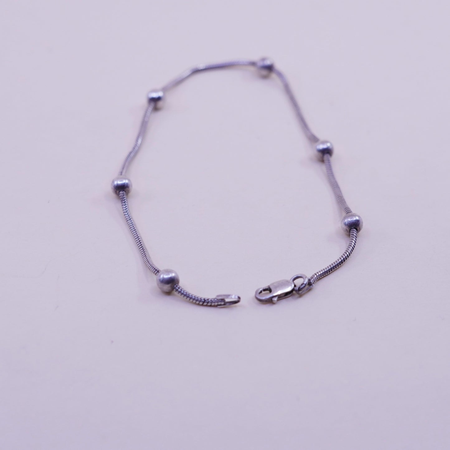 9”, 1mm, Vintage sterling silver bracelet, 925 snake chain anklet with beads