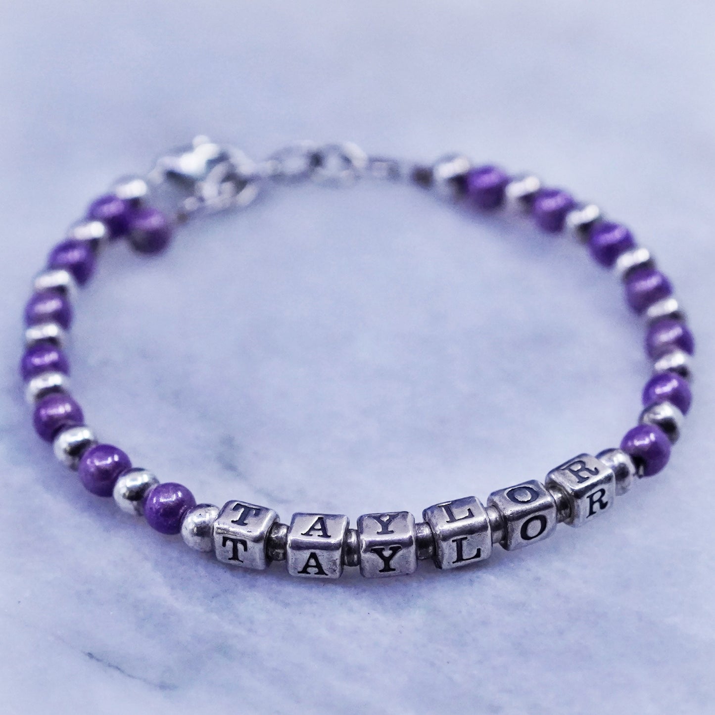 6.5”, Sterling silver handmade name “Taylor” cube bracelet purple crystal beads