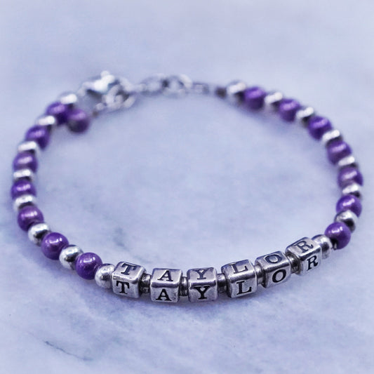 6.5”, Sterling silver handmade name “Taylor” cube bracelet purple crystal beads