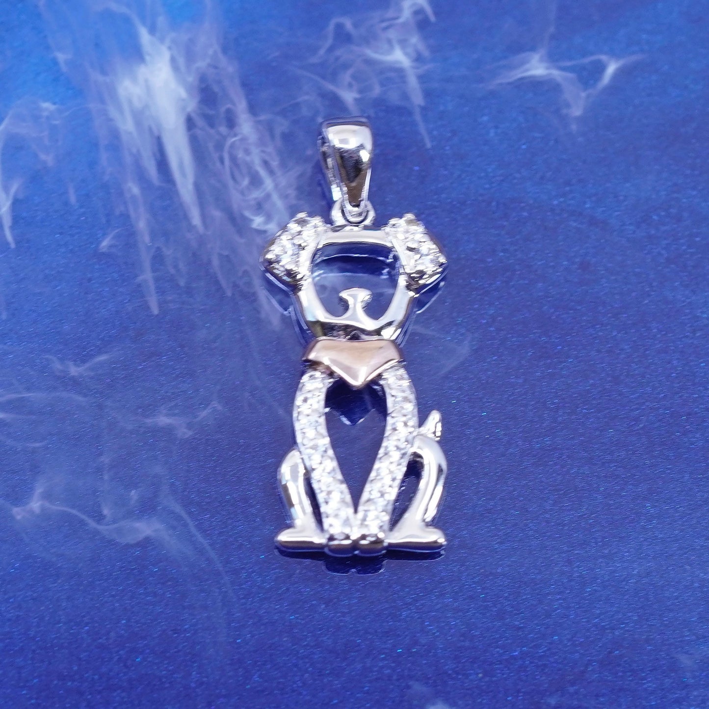 Vintage Sterling 925 silver dog pendant with 10K rose gold collar genuine topaz
