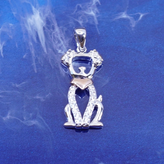 Vintage Sterling 925 silver dog pendant with 10K rose gold collar genuine topaz