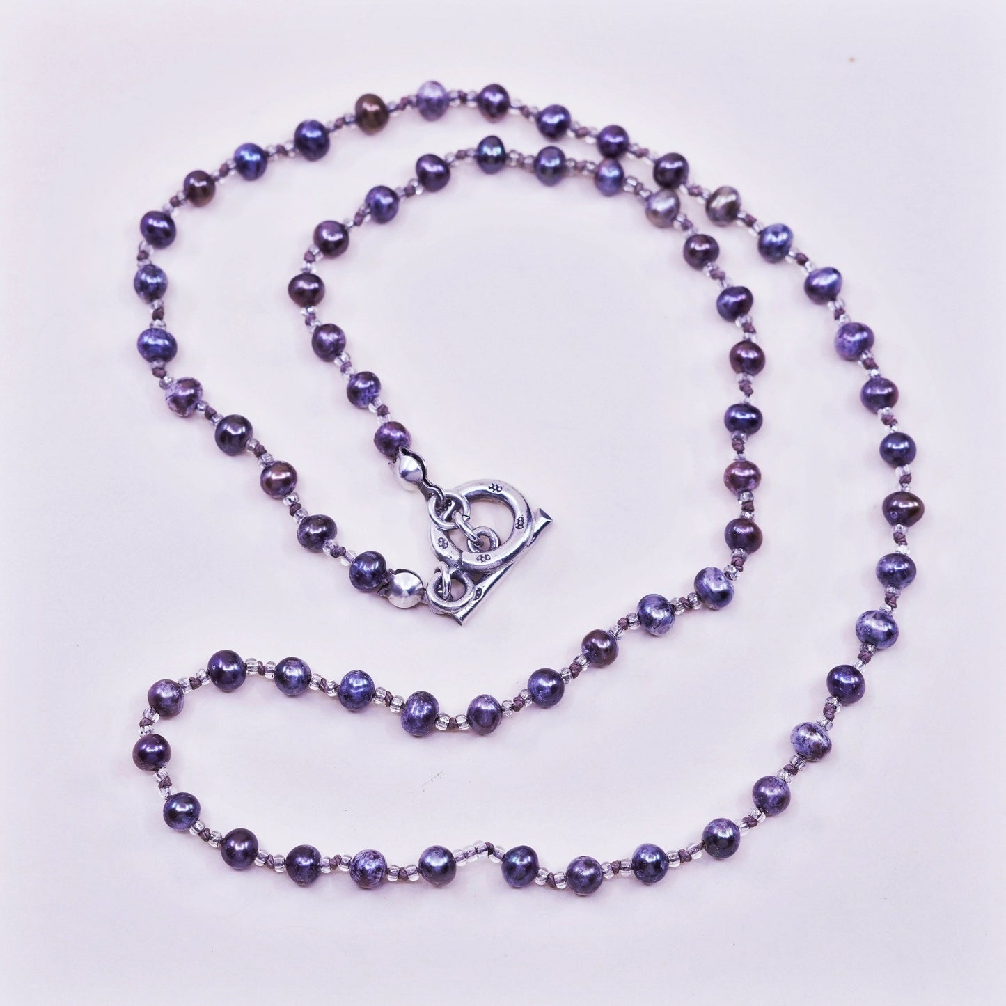 18”, Vintage handmade Sterling silver Circle chain with black pearl beads