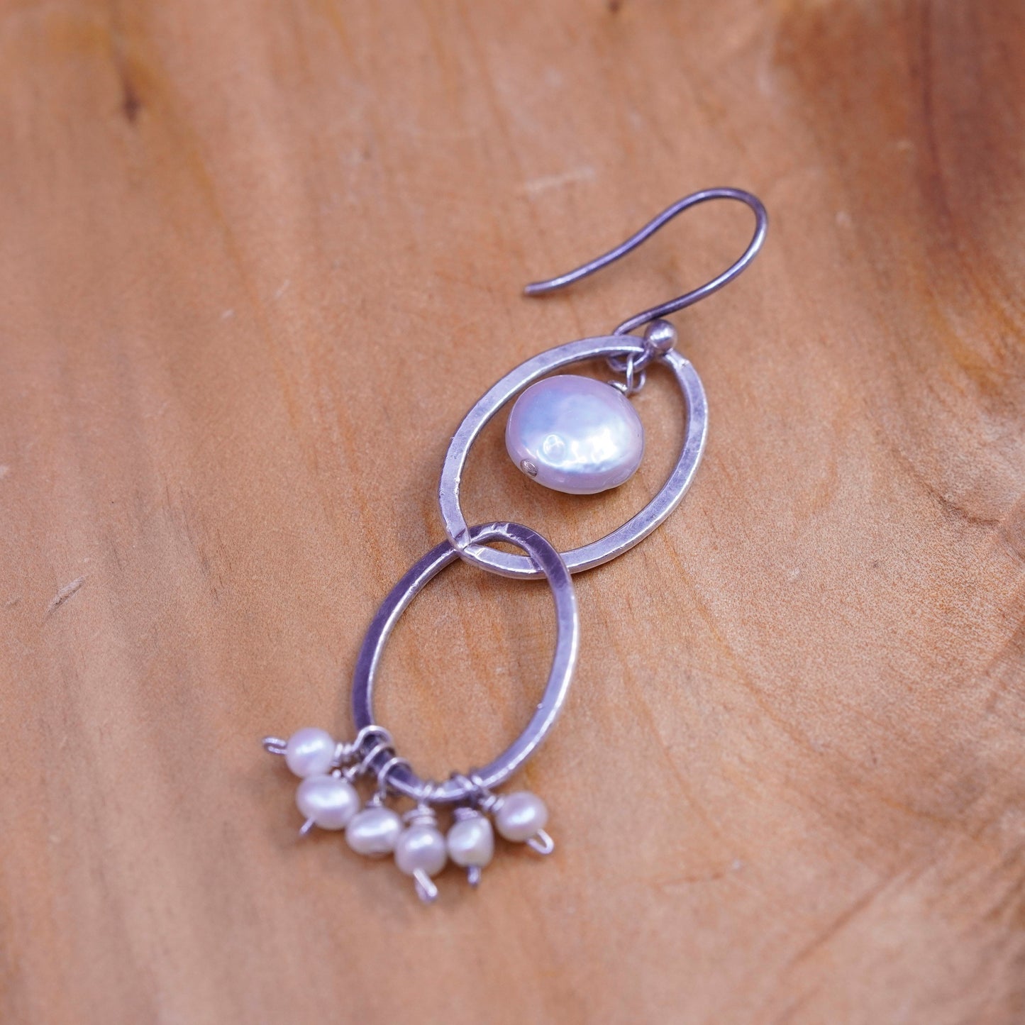 Vintage Sterling 925 silver handmade oval earrings with cluster pearl