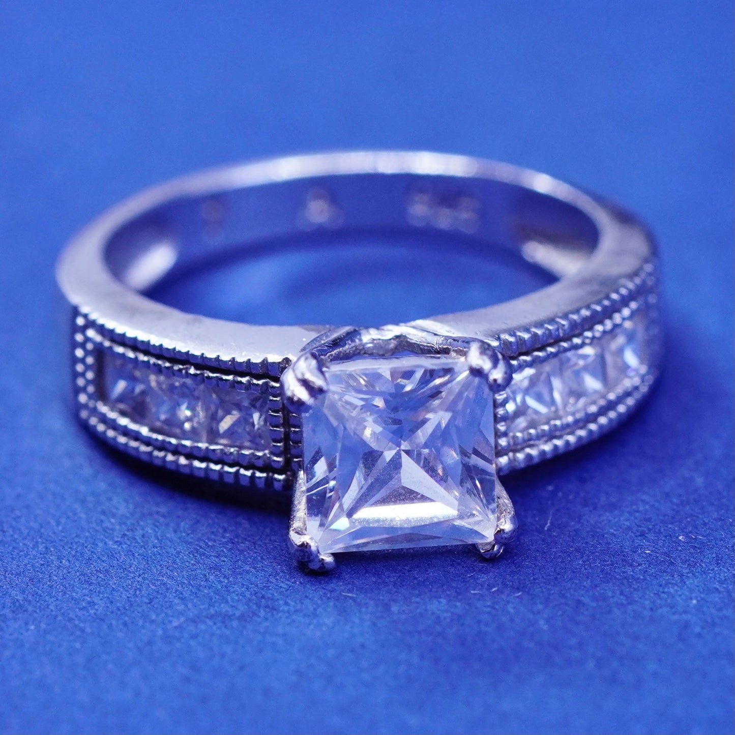 Size 7.5, vintage Sterling 925 silver ring with cluster crystal, engagemen